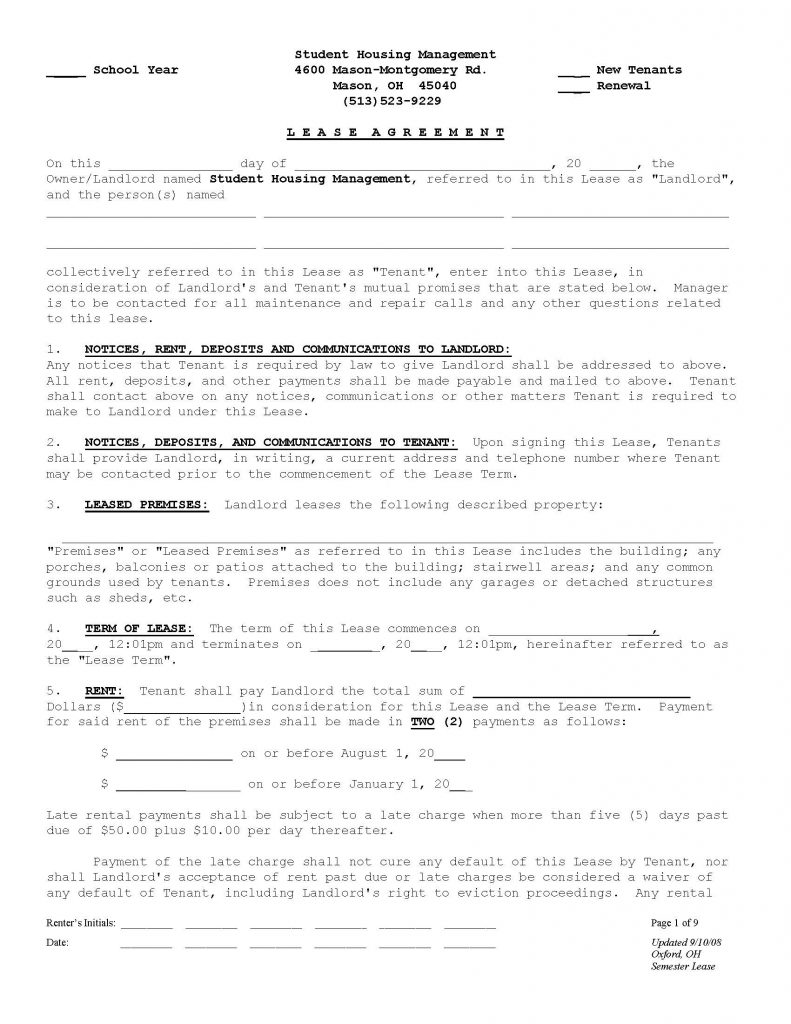 Apartment Near Miami University Oxford Rental Agreement Page 1