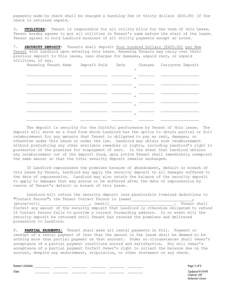 Oxford Ohio Housing Rental Agreement Page 2