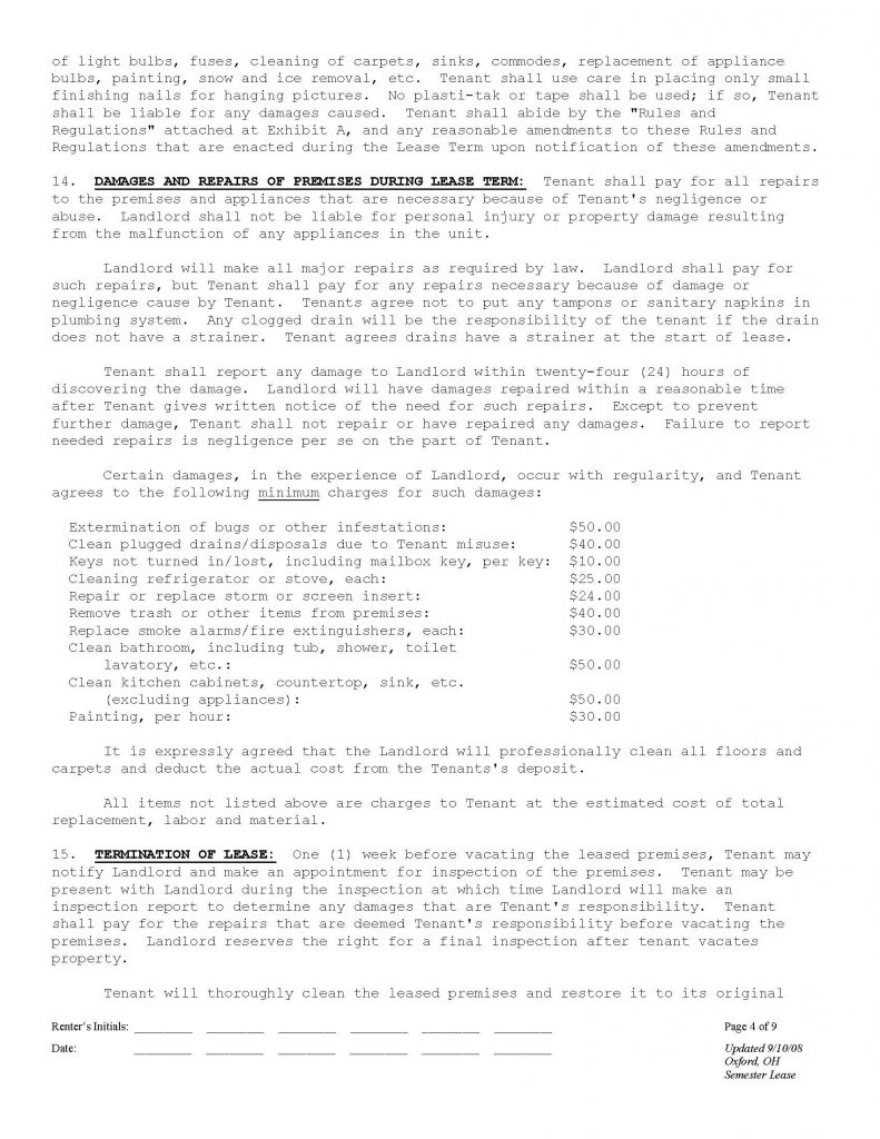 Miami University Housing Rental Agreement Page 4