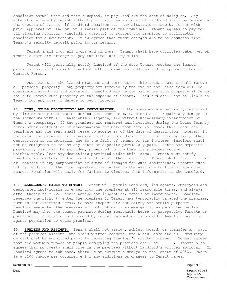 Oxford Ohio Student Rentals Agreement Page 5