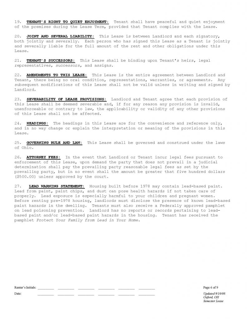 Miami University Off Campus Housing Rental Agreement Page 6