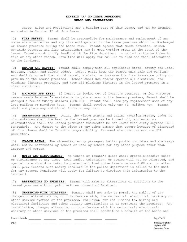 Oxford Ohio Apartments Uptown Rental Agreement Page 7
