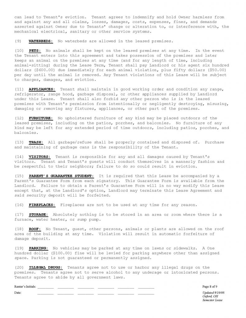 Oxford Ohio Apartments Rental Agreement Page 8