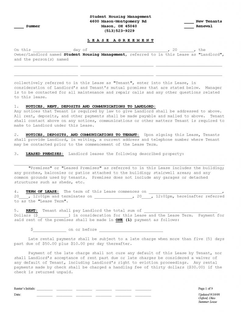 Oxford Ohio Housing Rental Agreement Page 1