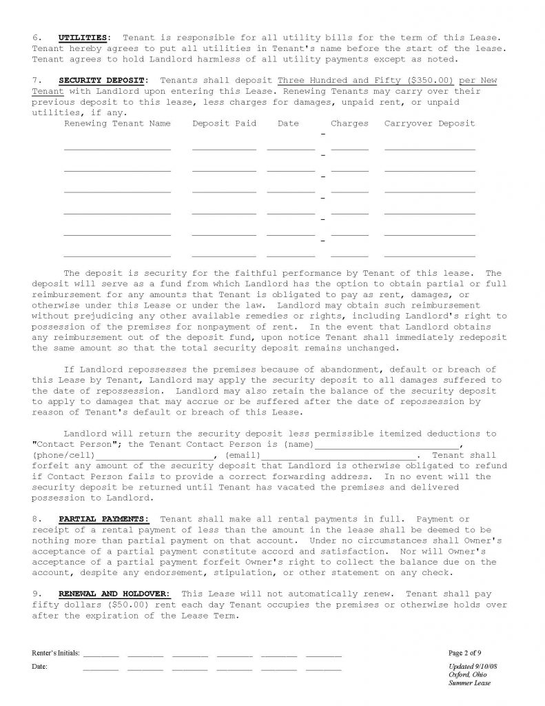 Miami University Apartments Rental Agreement Page 2