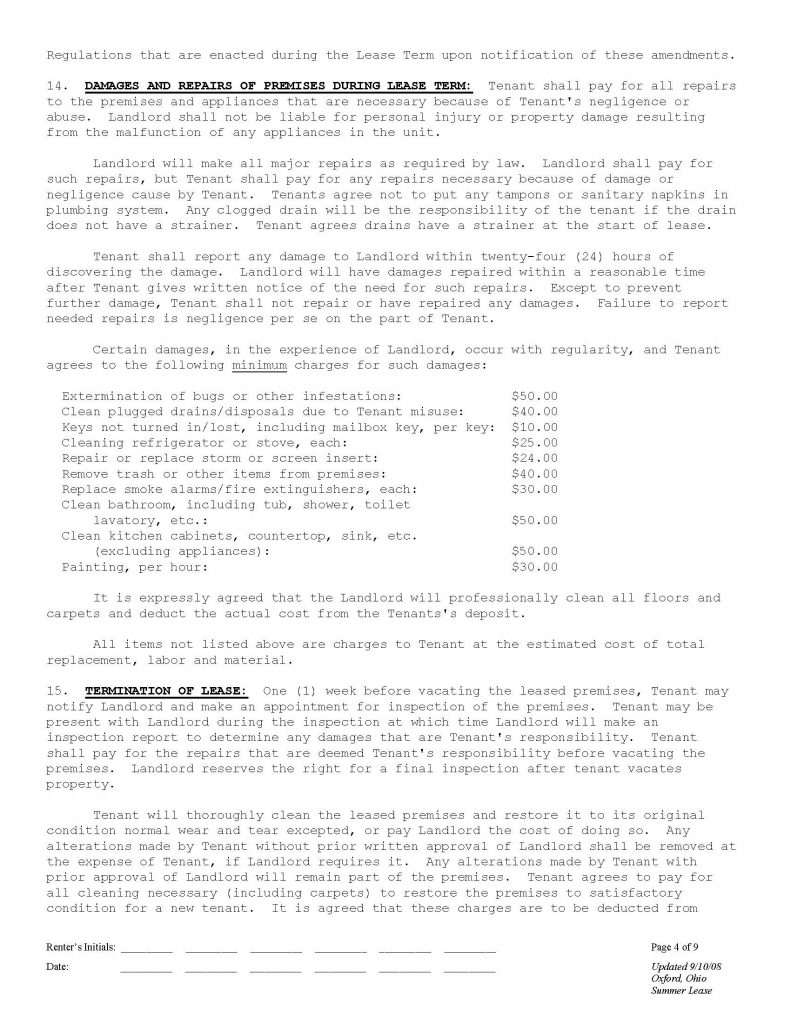 Oxford Ohio Student Rentals Rental Agreement Page 4