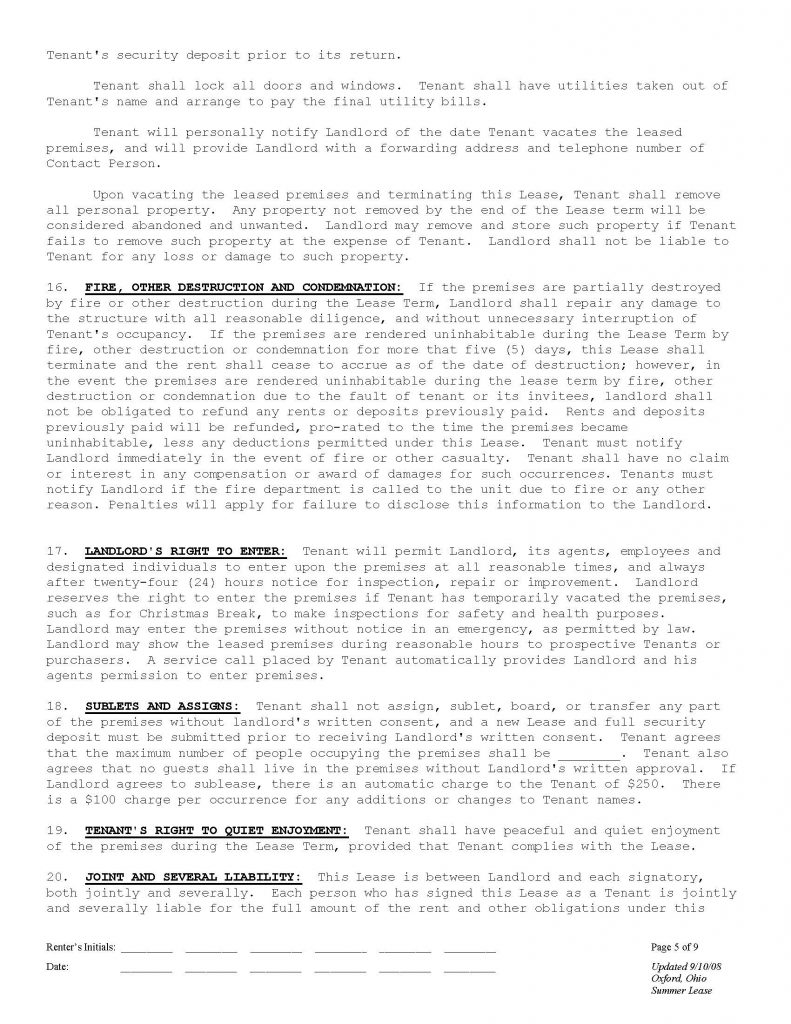 Miami University Off Campus Housing Rental Agreement Page 5