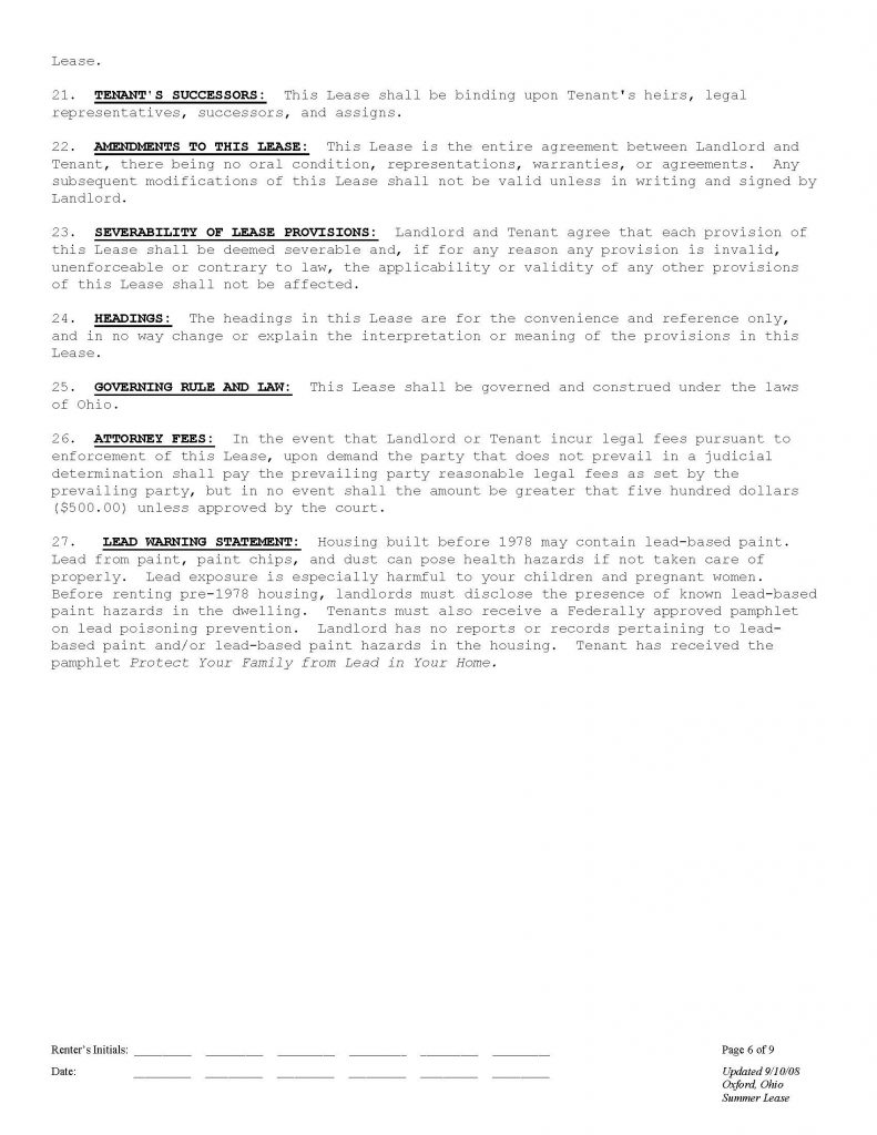 Oxford Ohio Apartments Uptown Rental Agreement Page 6