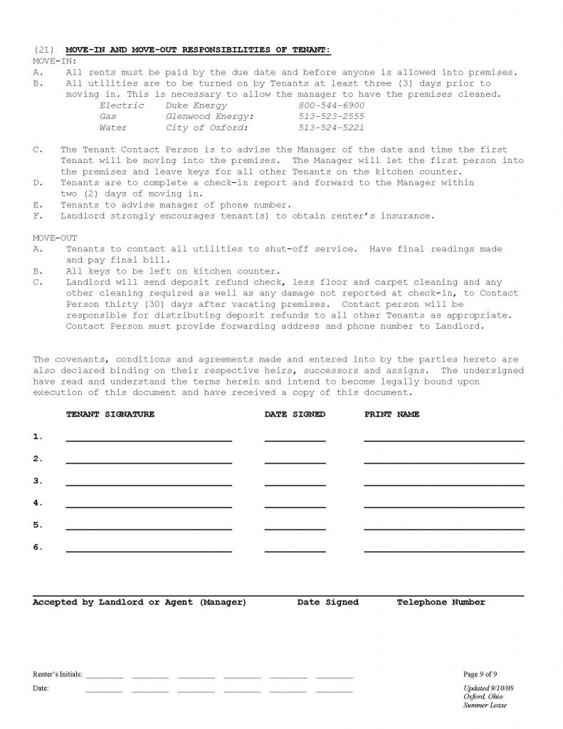 Oxford Ohio Housing Rental Agreement Page 9